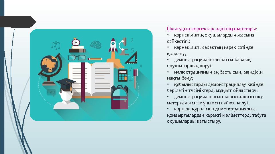 Оқытудың көрнекілік әдісінің шарттары: • көрнекіліктің оқушылардың жасына сәйкестігі; • көрнекілікті сабақты