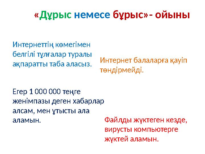 «Дұрыс немесе бұрыс»- ойыны Интернеттің көмегімен белгілі тұлғалар туралы ақпаратты таба аласыз. Интернет балаларға қауіп төн