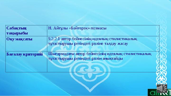 Сабақтың тақырыбы Н. Айтұлы «Бәйтерек» поэмасы Оқу мақсаты 9.2.2.1 автор бейнесінің идеялық-стилистикалық тұтастырушы ретіндег Сабақтың тақырыбы Н. Айтұлы «Бәйтерек» поэмасы Оқу мақсаты 9.2.2.1 автор бейнесінің идеялық-стилистикалық тұтастырушы ретіндег