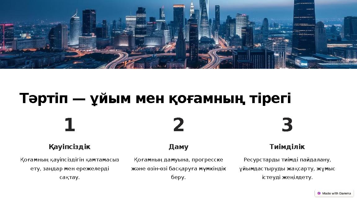 Тәртіп — ұйым мен қоғамның тірегі 1 Қауіпсіздік Қоғамның қауіпсіздігін қамтамасыз ету, заңдар мен ережелерді сақтау. 2 Даму Қо