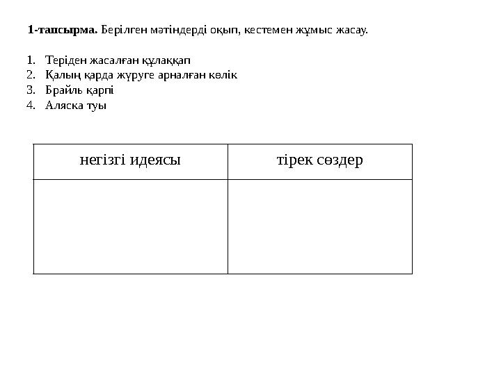 1-тапсырма. Берілген мәтіндерді оқып, кестемен жұмыс жасау. 1.Теріден жасалған құлаққап 2.Қалың қарда жүруге арналған көлік 3. 1-тапсырма. Берілген мәтіндерді оқып, кестемен жұмыс жасау. 1.Теріден жасалған құлаққап 2.Қалың қарда жүруге арналған көлік 3.
