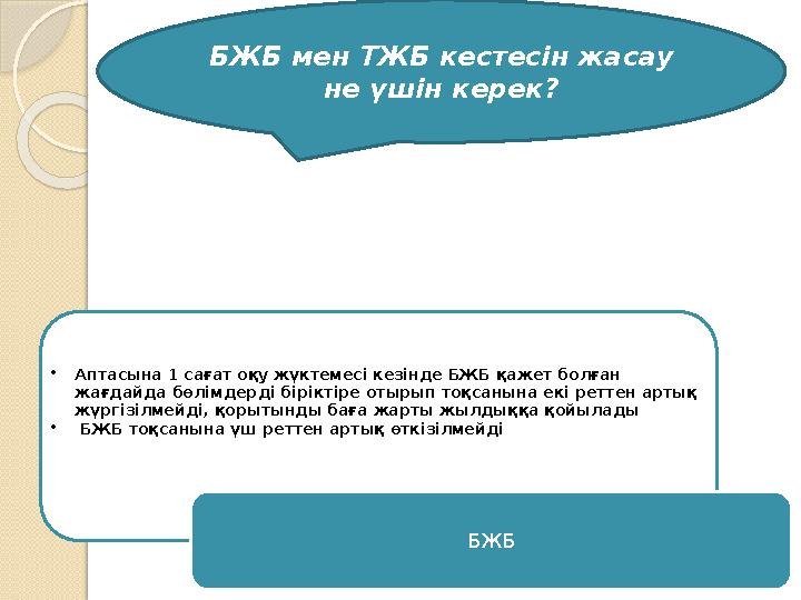 БЖБ мен ТЖБ кестесін жасау не үшін керек? •Аптасына 1 сағат оқу жүктемесі кезінде БЖБ қажет болған жағдайда бөлімдерді б