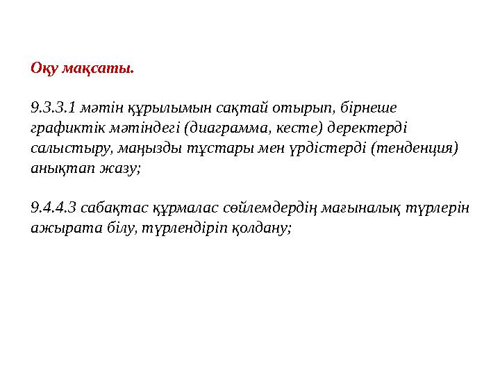 Оқу мақсаты. 9.3.3.1 мәтін құрылымын сақтай отырып, бірнеше графиктік мәтіндегі (диаграмма, кесте) деректерді салыстыру, маңыз Оқу мақсаты. 9.3.3.1 мәтін құрылымын сақтай отырып, бірнеше графиктік мәтіндегі (диаграмма, кесте) деректерді салыстыру, маңыз