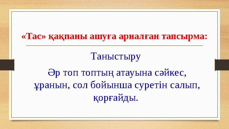 «Тас» қақпаны ашуға арналған тапсырма: Таныстыру Әр топ топтың атауына сәйкес, ұранын, сол бойынша суретін салып, қорғайды.