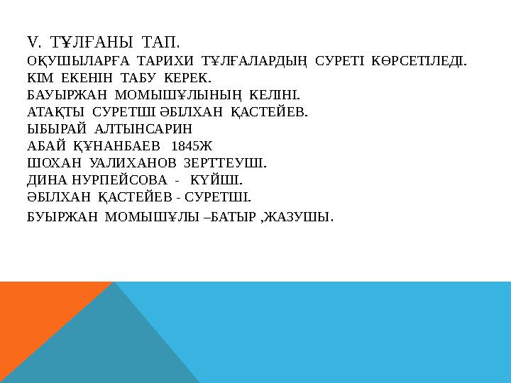 V. ТҰЛҒАНЫ ТАП. ОҚУШЫЛАРҒА ТАРИХИ ТҰЛҒАЛАРДЫҢ СУРЕТІ КӨРСЕТІЛЕДІ. КІМ ЕКЕНІН ТАБУ КЕРЕК. БАУЫРЖАН МОМЫШҰЛЫНЫҢ КЕЛІ