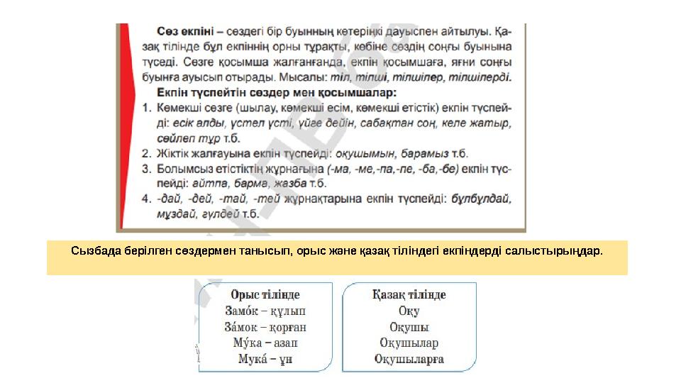Сызбада берілген сөздермен танысып, орыс және қазақ тіліндегі екпіндерді салыстырыңдар .