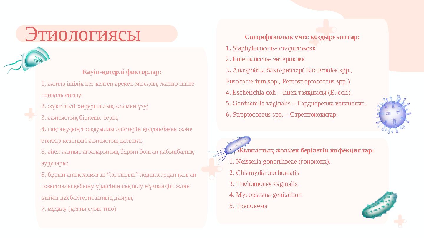 Қауіп-қатерлі факторлар: 1. жатыр ішілік кез келген əрекет, мысалы, жатыр ішіне спираль енгізу; 2. жүктілікті хирургиялық жол