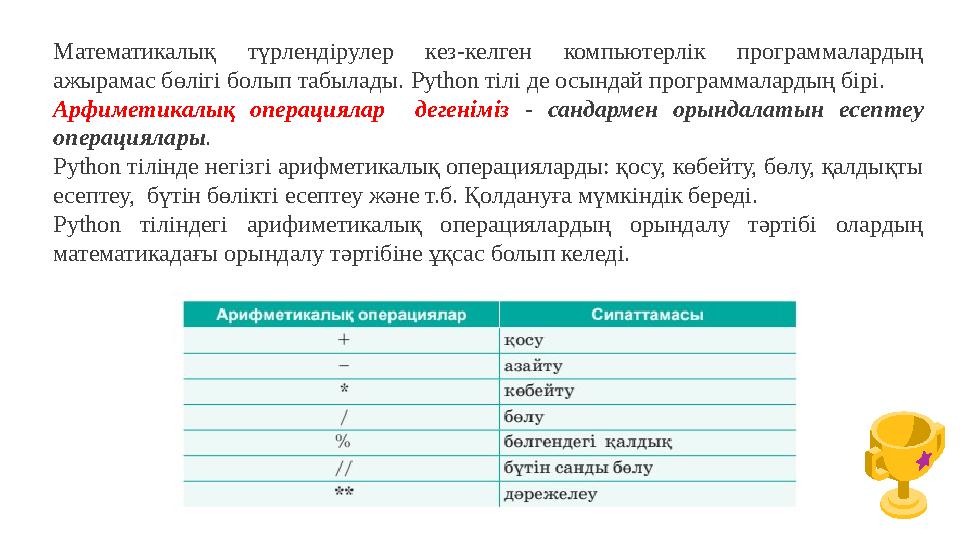 Математикалық түрлендірулер кез-келген компьютерлік программалардың ажырамас бөлігі болып табылады. Python тілі де осындай прог