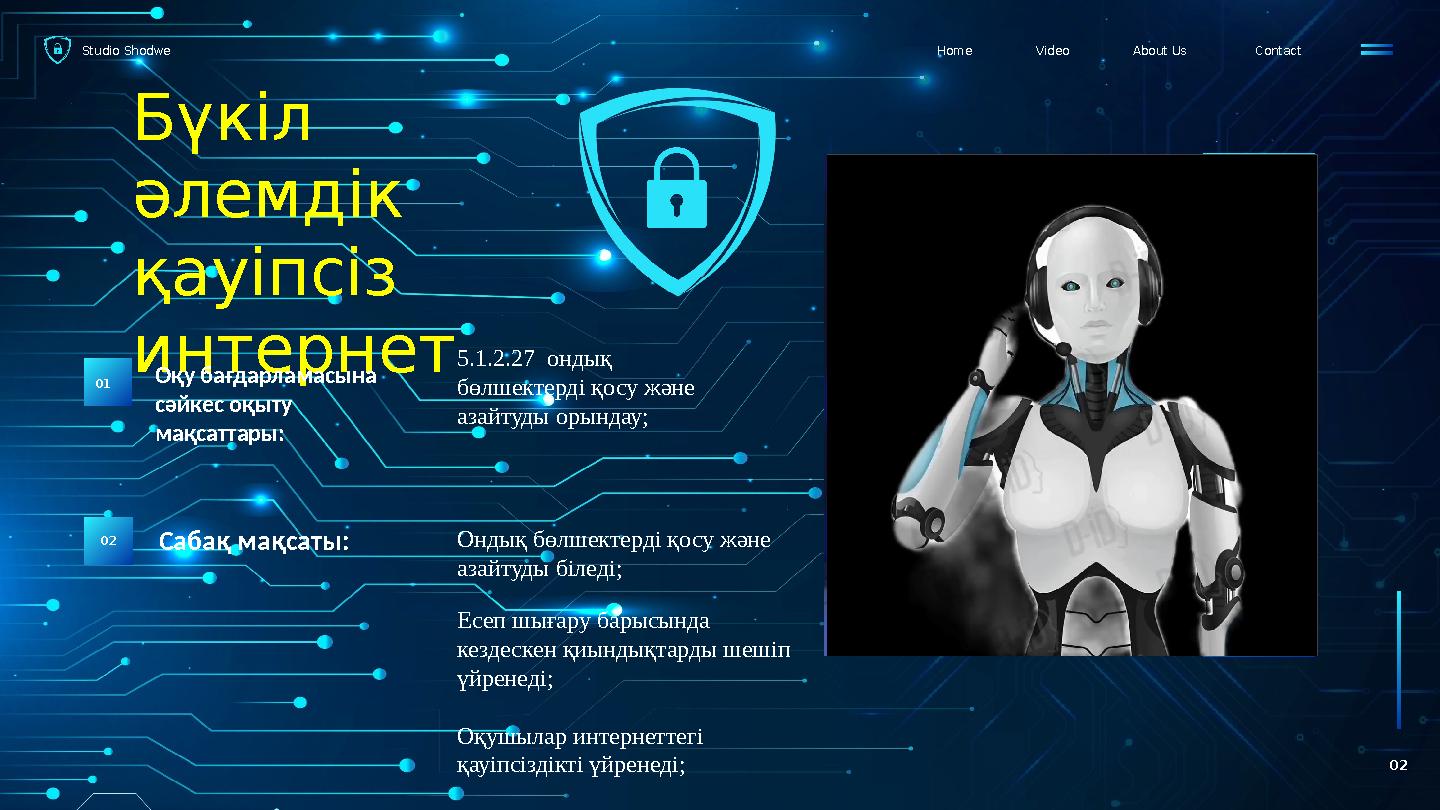 Studio Shodwe ContactAbout UsVideoHome 02 Бүкіл әлемдік қауіпсіз интернет Оқу бағдарламасына сәйкес оқыту мақсаттары: 01 С