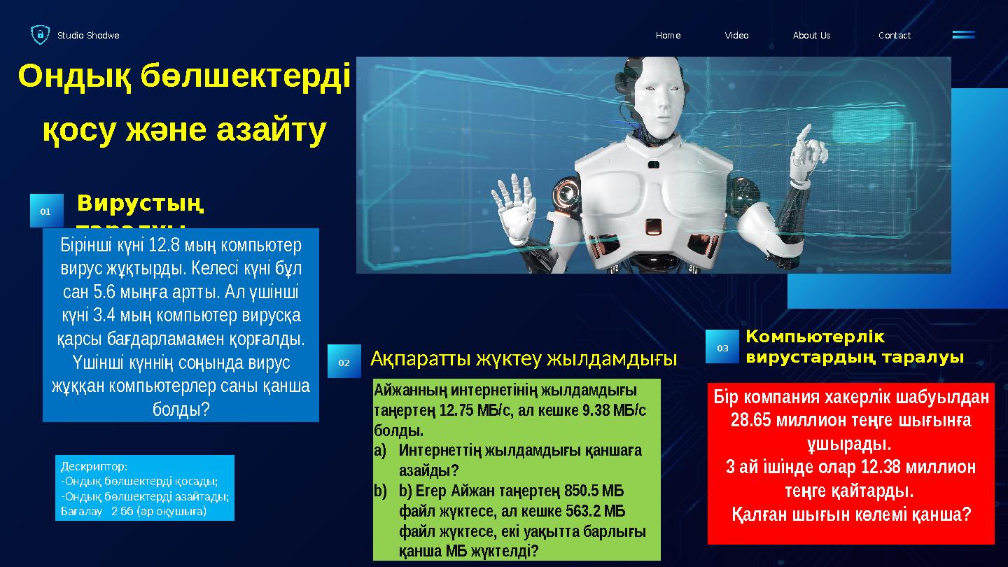 Studio Shodwe ContactAbout UsVideoHome 06 Ондық бөлшектерді қосу және азайту Вирустың таралуы 01 Айжанны интернетіні жылдамды