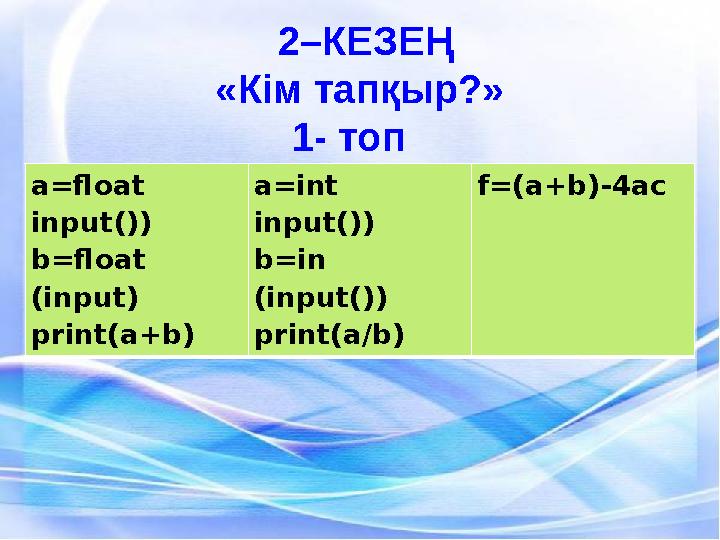 2–КЕЗЕҢ «Кім тапқыр?» 1- топ a=float input()) b=flo
