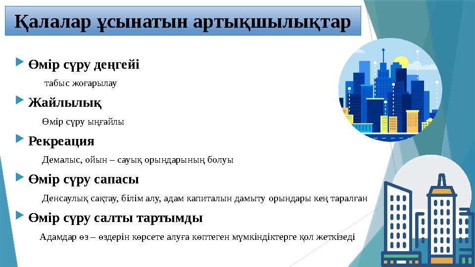 Қалалар ұсынатын артықшылықтар Өмір сүру деңгейі табыс жоғарылау Жайлылық Өмір сүру ыңғ