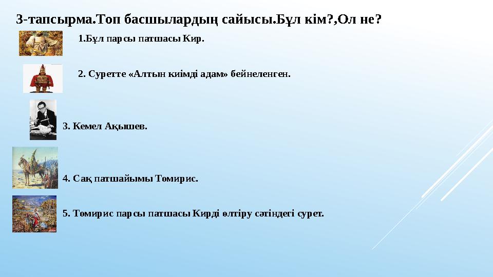 3-тапсырма.Топ басшылардың сайысы.Бұл кім?,Ол не? 1.Бұл парсы патшасы Кир. 2. Су