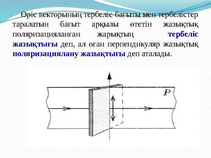 Өріс векторының тербеліс бағыты мен тербелістер таралатын бағыт арқылы өтетін жазықтық поляризацияланған жарықтың тербеліс ж
