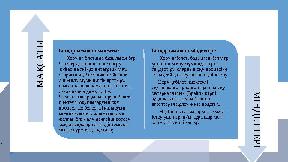 . . Бағдарламаның мақсаты: Көру қабілетінде бұзылысы бар балаларды жалпы білім беру жүйесіне тиімді интеграциялау, ол