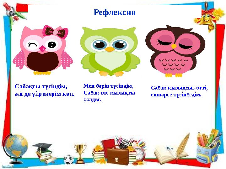 Рефлексия Мен бәрін түсіндім, Сабақ өте қызықты болды. Сабақты түсіндім, әлі де үйренерім көп. Сабақ қызықсыз өтті, ешнәрсе т