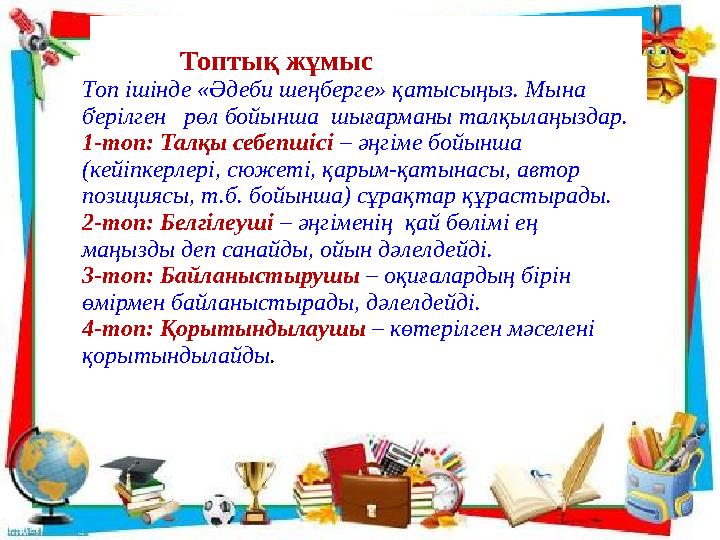 . Топтық жұмыс Топ ішінде «Әдеби шеңберге» қатысыңыз. Мына берілген рөл бойынша шығарманы талқы