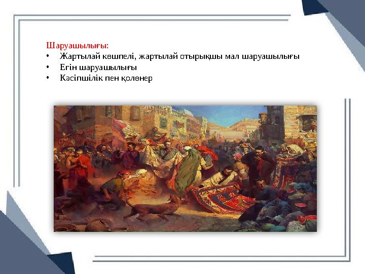 Шаруашылығы: •Жартылай көшпелі, жартылай отырықшы мал шаруашылығы •Егін шаруашылығы •Кәсіпшілік пен қолөнер