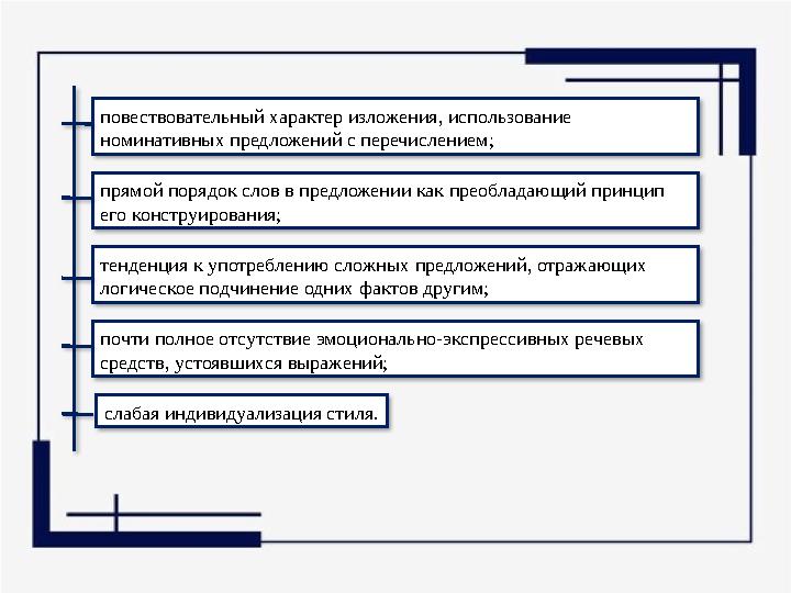 повествовательный характер изложения, использование номинативных предложений с перечислением; прямой порядок слов в предложен