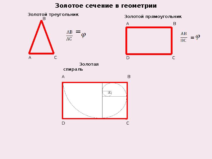 Золотое сечение в геометрии С В А Золотой треугольник Золотой прямоугольник А В D С Золотое сечение в геометрии С В А Золотой треугольник Золотой прямоугольник А В D С