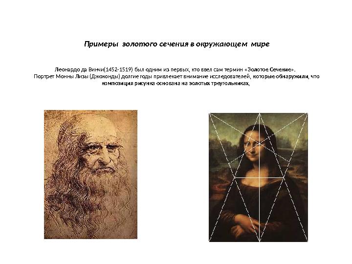 Примеры золотого сечения в окружающем мире Леонардо да Винчи(1452-1519) был одним из первых, кто ввел сам термин «Золотое Сеч Примеры золотого сечения в окружающем мире Леонардо да Винчи(1452-1519) был одним из первых, кто ввел сам термин «Золотое Сеч