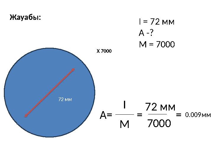 72 мм Х 7000 I = 72 мм А -? М = 7000 А= I M = 72 мм 7000 0.009мм= Жауабы: