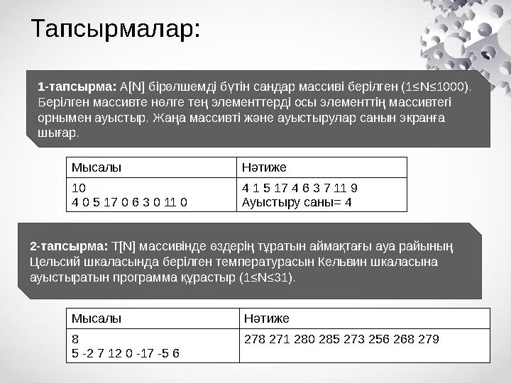 Тапсырмалар: 1-тапсырма: А[N] бірөлшемді бүтін сандар массиві берілген (1≤N≤1000). Берілген массивте нөлге тең элементтерді осы