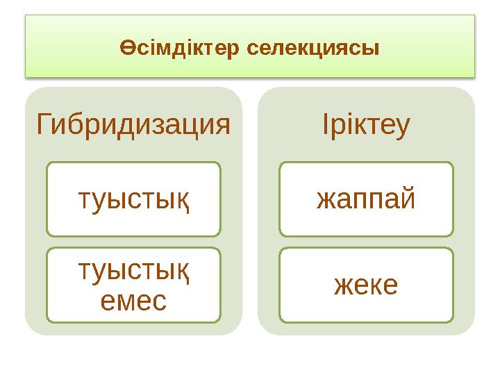 Өсімдіктер селекциясы Гибридизация туыстық туыстық емес Іріктеу жаппай жеке