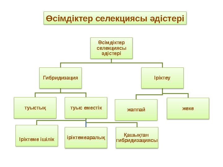 Өсімдіктер селекциясы әдістері Гибридизация туыстық туыс еместік Іріктеме ішілік іріктемеаралық Қашықтан гибридизацияс