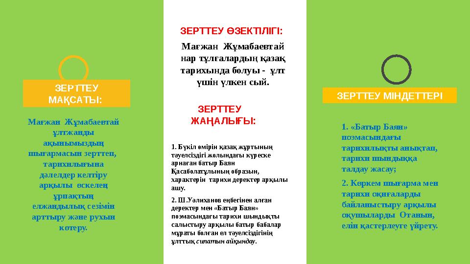 ЗЕРТТЕУ МІНДЕТТЕРІ ЗЕРТТЕУ МАҚСАТЫ: 1. «Батыр Баян» поэмасындағы тарихилықты анықтап, тарихи шындыққа талдау жасау; 2. К