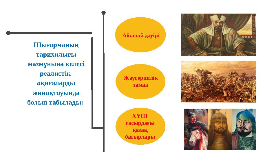 Шығарманың тарихилығы мазмұнына келесі реалистік оқиғаларды жинақтауында болып табылады: Абылай дәуірі Жаугершілік зама