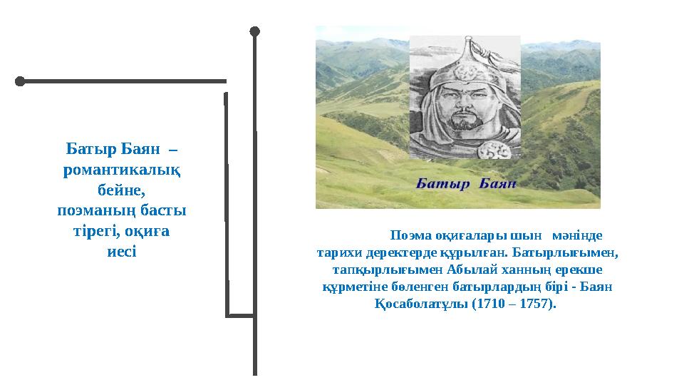Батыр Баян – романтикалық бейне, поэманың басты тірегі, оқиға иесі Поэма оқиғалары шын мәнінде тарихи д