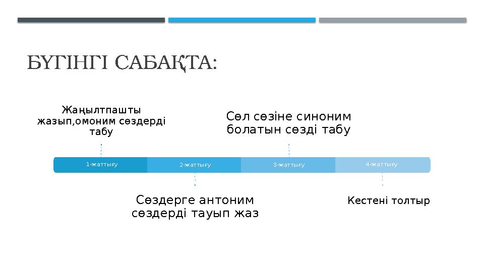 БҮГІНГІ САБАҚТА: 1-жаттығу Жаңылтпашты жазып,омоним сөздерді табу 2-жаттығу Сөздерге антоним сөздерді тауып жаз 3-жаттығу БҮГІНГІ САБАҚТА: 1-жаттығу Жаңылтпашты жазып,омоним сөздерді табу 2-жаттығу Сөздерге антоним сөздерді тауып жаз 3-жаттығу