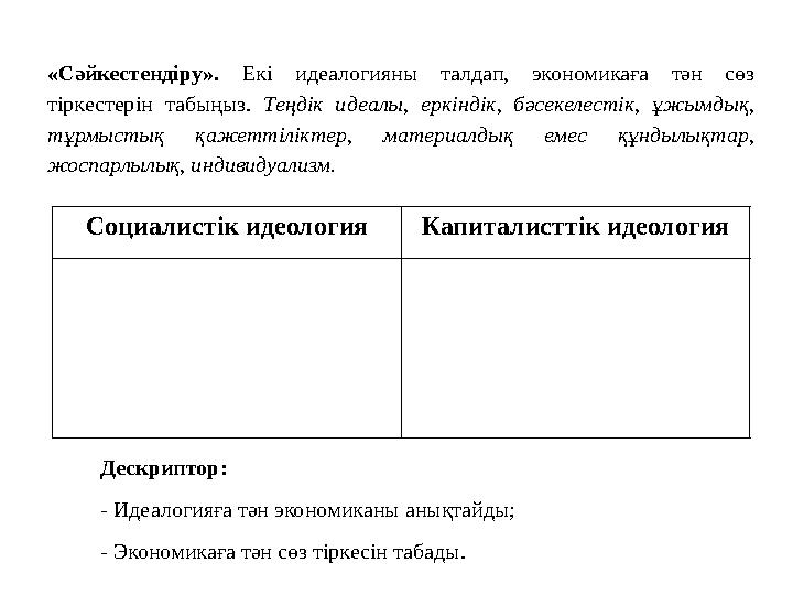 «Сәйкестендіру». Екі идеалогияны талдап, экономикаға тән сөз тіркестерін табыңыз. Теңдік идеалы, еркіндік, бәсекелестік, ұжымды