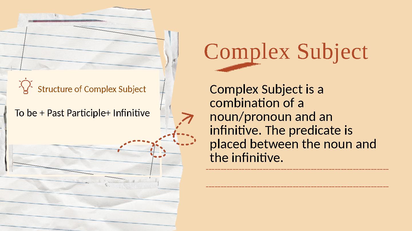 Complex Subject is a combination of a noun/pronoun and an infinitive. The predicate is placed between the noun and the infi