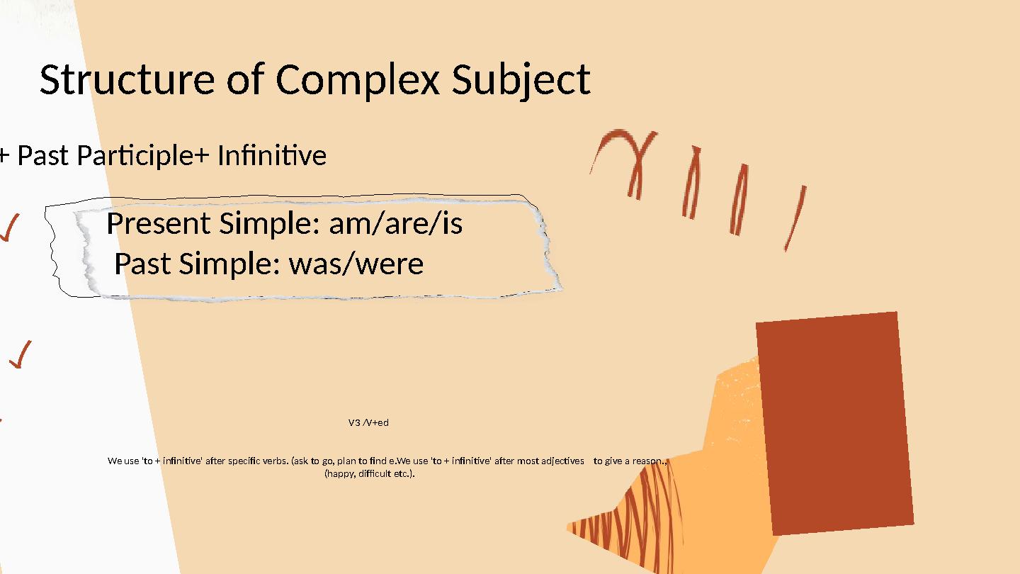 Present Simple: am/are/is Past Simple: was/were Structure of Complex Subject To be + Past Participle+ Infinitive