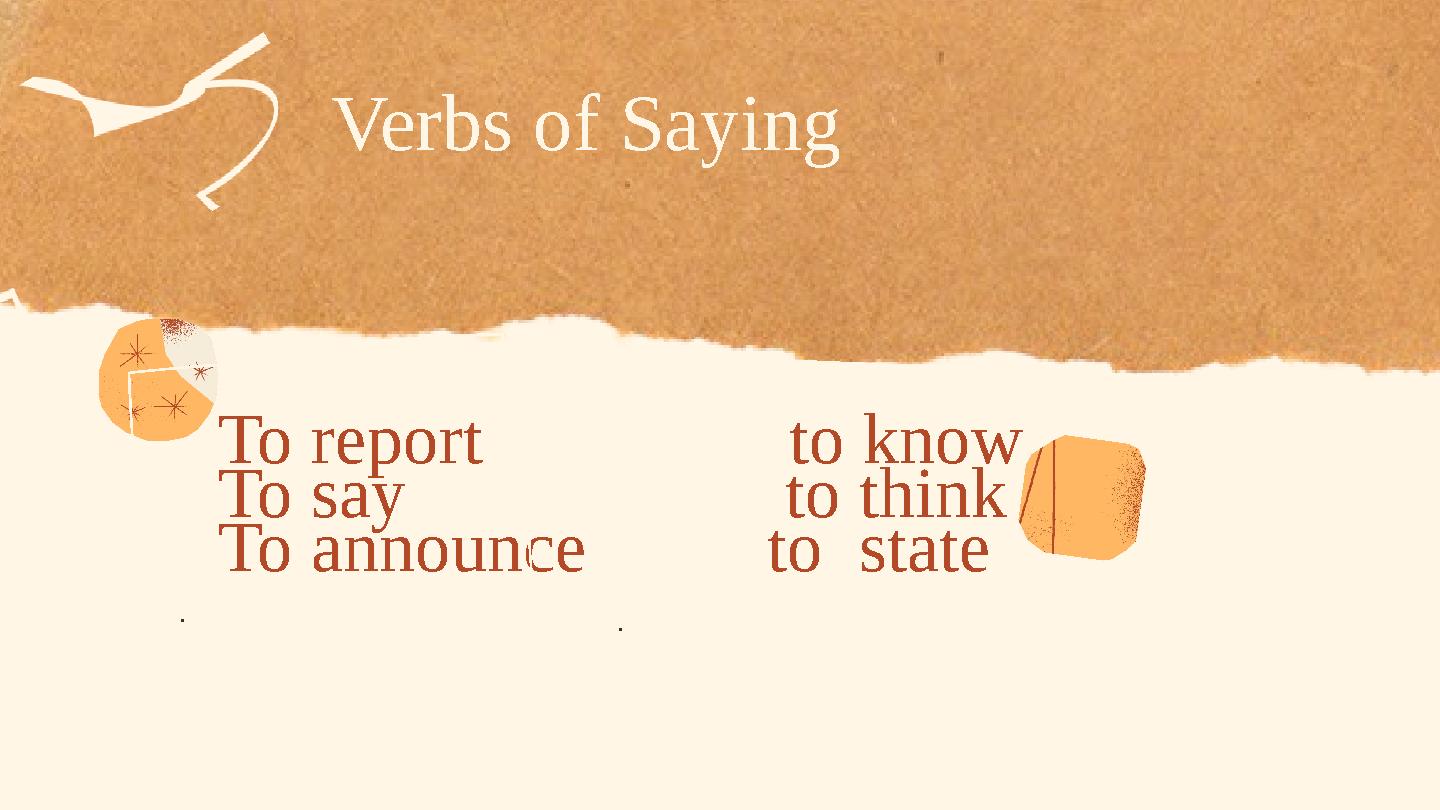 Verbs of Saying To report to know To say to think To announce to state . .