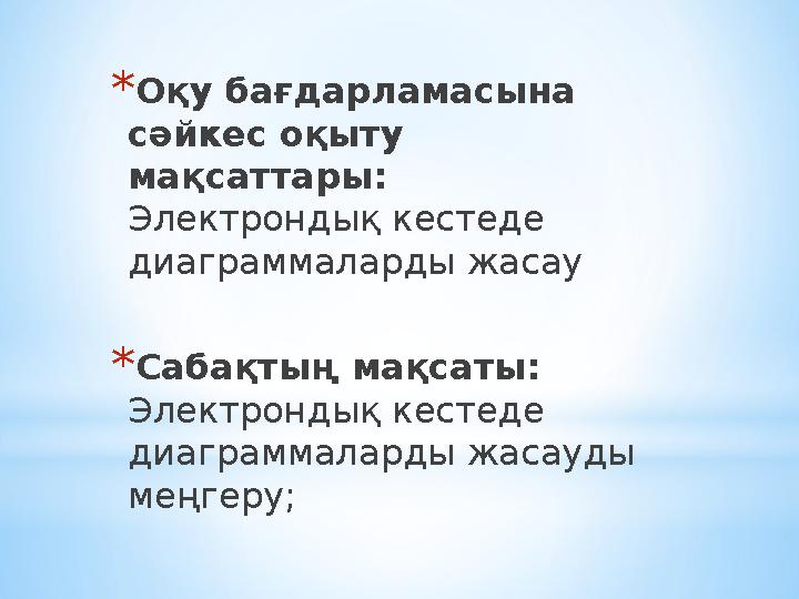 *Оқу бағдарламасына сәйкес оқыту мақсаттары: Электрондық кестеде диаграммаларды жасау *Сабақтың мақсаты: Электрондық кестед