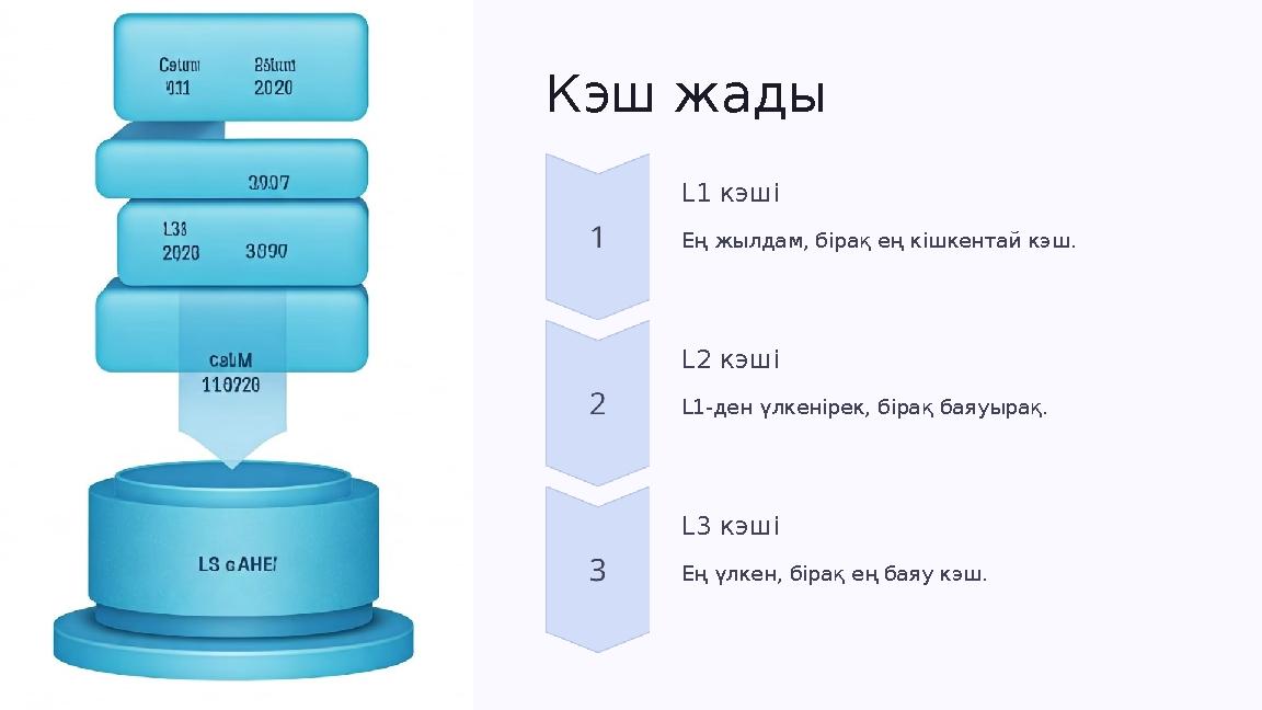 Кэш жады L1 кэші Ең жылдам, бірақ ең кішкентай кэш. L2 кэші L1-ден үлкенірек, бірақ баяуырақ. L3 кэші Ең үлкен, бірақ ең баяу кэ Кэш жады L1 кэші Ең жылдам, бірақ ең кішкентай кэш. L2 кэші L1-ден үлкенірек, бірақ баяуырақ. L3 кэші Ең үлкен, бірақ ең баяу кэ