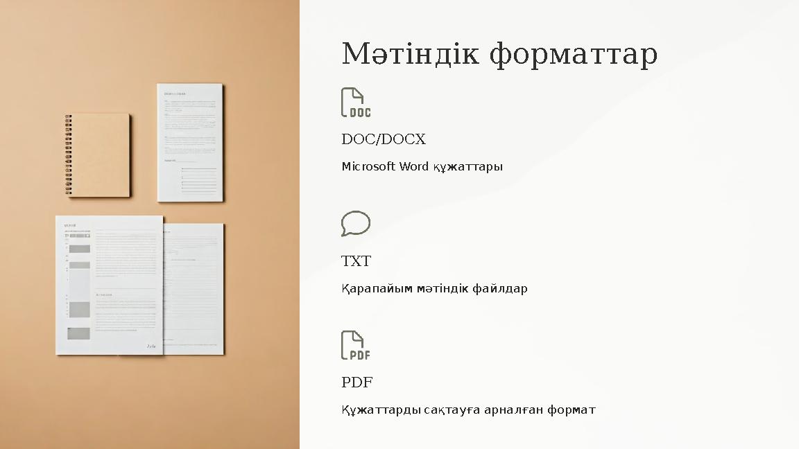Мәтіндік форматтар DOC/DOCX Microsoft Word құжаттары TXT Қарапайым мәтіндік файлдар PDF Құжаттарды сақтауға арналған формат Мәтіндік форматтар DOC/DOCX Microsoft Word құжаттары TXT Қарапайым мәтіндік файлдар PDF Құжаттарды сақтауға арналған формат