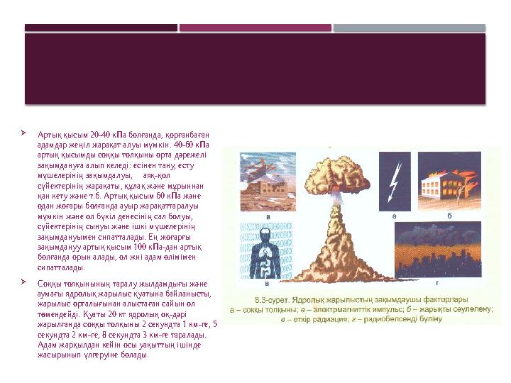 Артық қысым 20-40 кПа болғанда, қорғанбаған адамдар жеңіл жарақат алуы мүмкін. 40-60 кПа артық қысымды соққы толқыны орта Артық қысым 20-40 кПа болғанда, қорғанбаған адамдар жеңіл жарақат алуы мүмкін. 40-60 кПа артық қысымды соққы толқыны орта