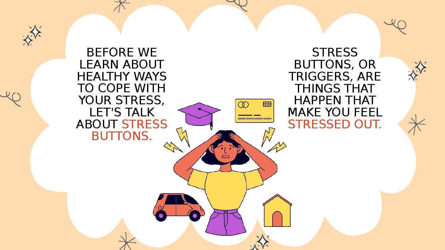 BEFORE WE LEARN ABOUT HEALTHY WAYS TO COPE WITH YOUR STRESS, LET'S TALK ABOUT STRESS BUTTONS. STRESS BUTTONS, OR TRIGGE BEFORE WE LEARN ABOUT HEALTHY WAYS TO COPE WITH YOUR STRESS, LET'S TALK ABOUT STRESS BUTTONS. STRESS BUTTONS, OR TRIGGE