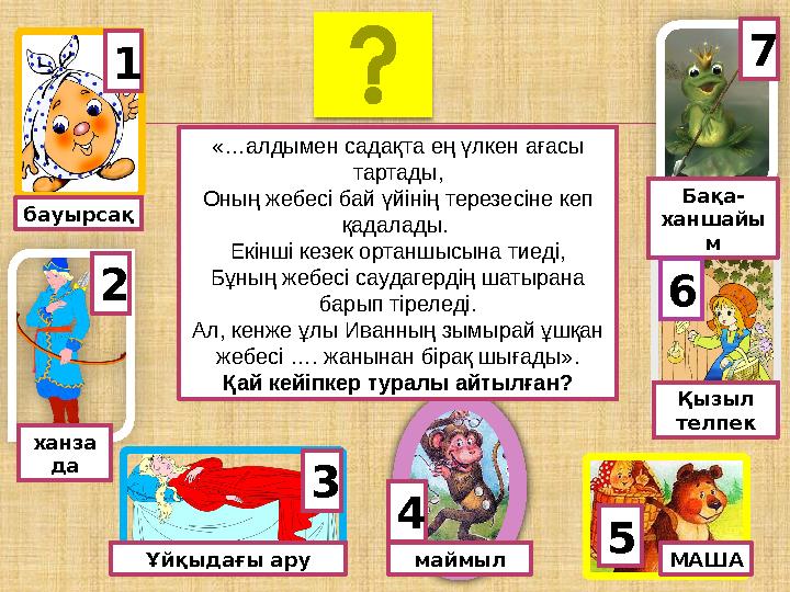 маймыл ханза да Ұйқыдағы ару МАША Қызыл телпек Бақа- ханшайы м 7 62 3 4 5 1 бауырсақ «…алдымен садақта ең үлкен ағасы тарта