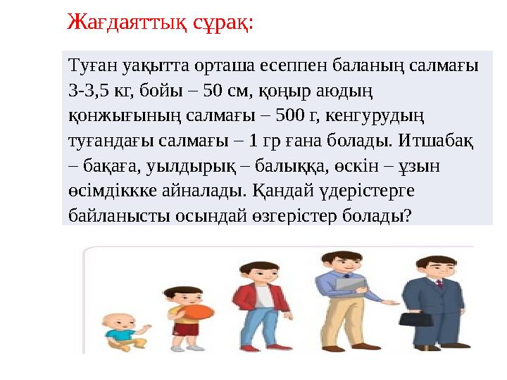 Жағдаяттық сұрақ: Туған уақытта орташа есеппен баланың салмағы 3-3,5 кг, бойы – 50 см, қоңыр аюдың қонжығының салмағы – 500 г Жағдаяттық сұрақ: Туған уақытта орташа есеппен баланың салмағы 3-3,5 кг, бойы – 50 см, қоңыр аюдың қонжығының салмағы – 500 г