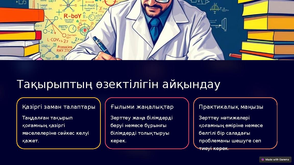 Тақырыптың өзектілігін айқындау Қазіргі заман талаптары Таңдалған тақырып қоғамның қазіргі мәселелеріне сәйкес келуі қажет.
