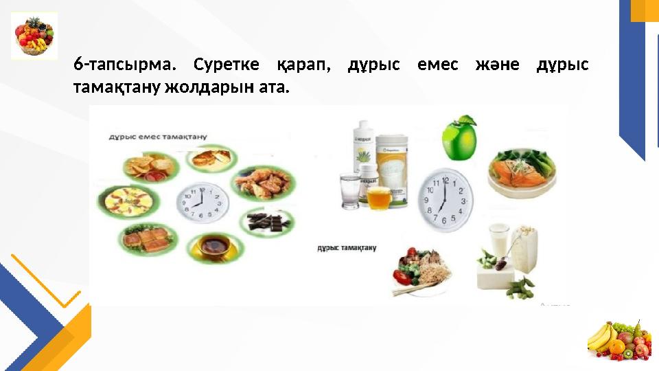 6-тапсырма. Суретке қарап, дұрыс емес және дұрыс тамақтану жолдарын ата.