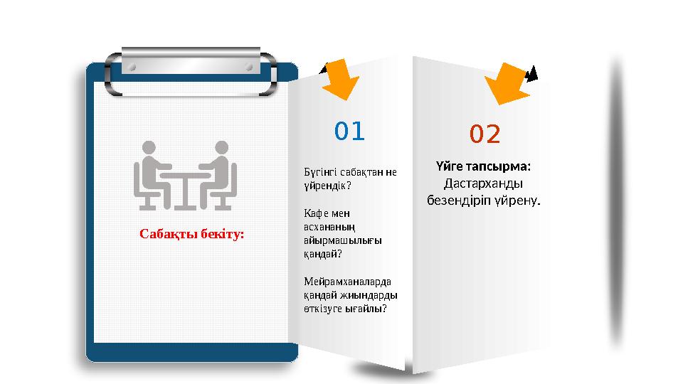 Сабақты бекіту: 01 Бүгінгі сабақтан не үйрендік? Кафе мен асхананың айырмашылығы қандай? Мейрамханаларда қандай жиында
