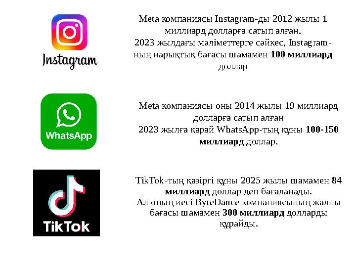 Meta компаниясы Instagram-ды 2012 жылы 1 миллиард долларға сатып алған. 2023 жылдағы мәліметтерге сәйкес, Instagram- ның нарықт