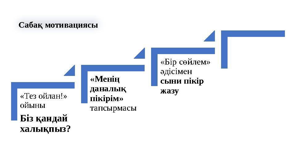 Сабақ мотивациясы «Тез ойлан!» ойыны Біз қандай халықпыз? «Менің даналық пікірім» тапсырмасы «Бір сөйлем» әдісімен сыни