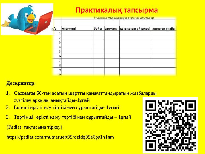 Практикалық тапсырма Дескриптор: 1.Салмағы 60-тан асатын шартты қанағаттандыратын жазбаларды сүзгілеу арқылы анықтайды-1ұпай 2.